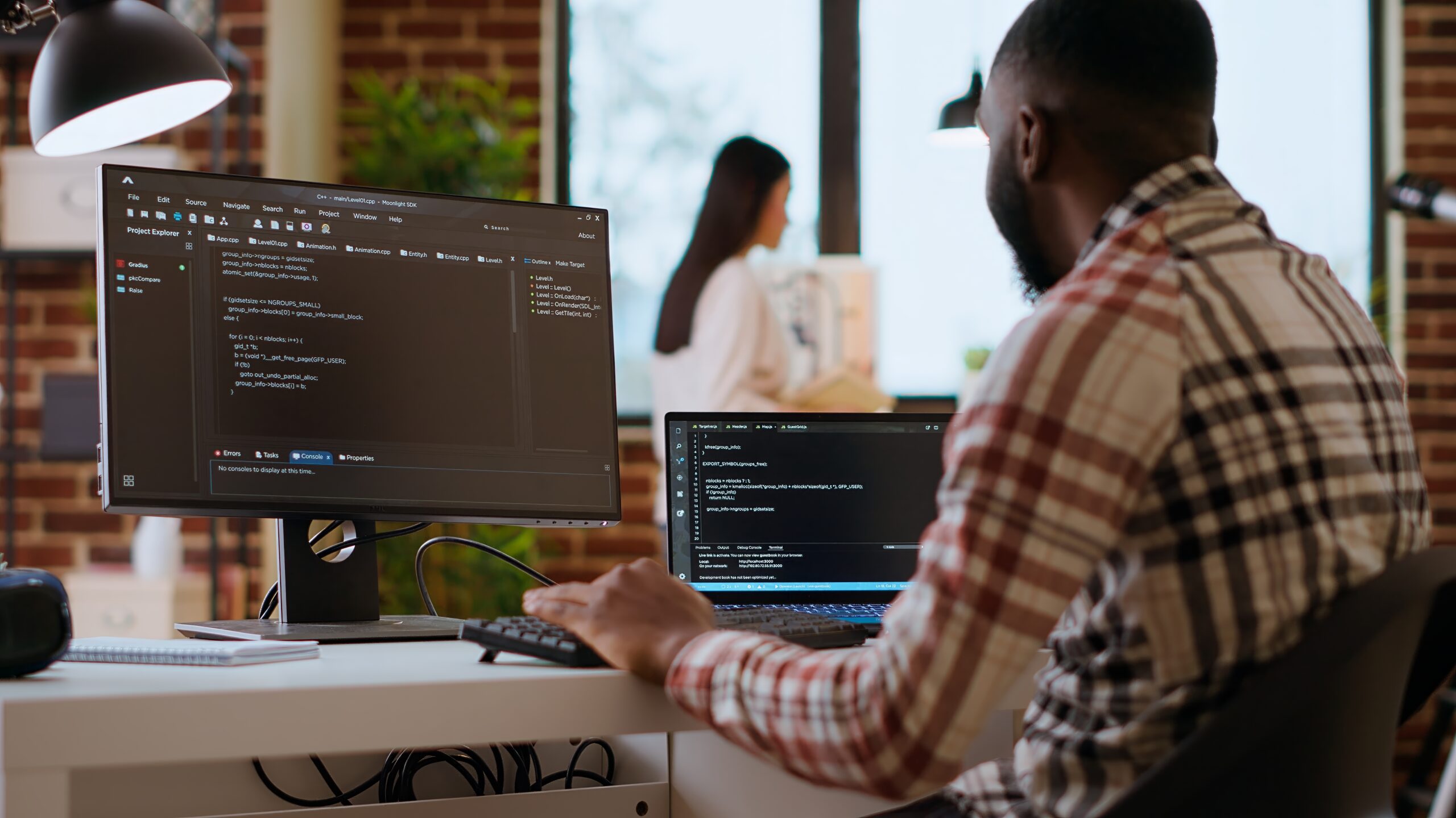 African,American,It,Professional,Types,Programming,Code,On,Dual,Monitors